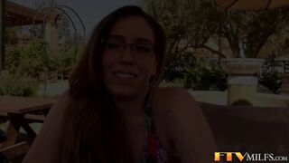 Check out this stunning brunette MILF in glasses getting off in a hot outdoor POV