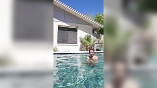 Amateur MILF strips down and teases in thong poolside frenzy