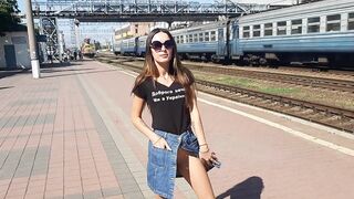 Watch this kinky Russian brunette flaunt her ass in public while wearing panties