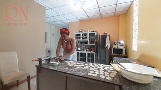 Curious Housewife Bra 1 Cooks Dinner in the Nude: A Playful Peek into Her Kitchen