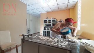 Curious Housewife Bra 1 Cooks Dinner in the Nude: A Playful Peek into Her Kitchen