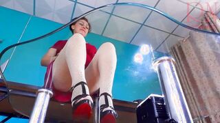 Curious Secretary Slips into Elegant White Tights