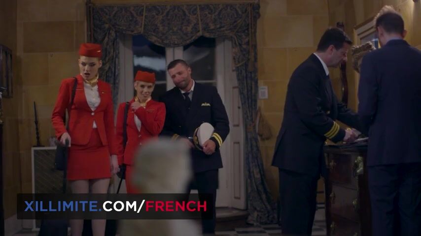 Trio at the hotel with 2 sexy stewardesses