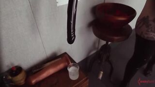 Bondage puppet gets spun around for rough anal and ATM