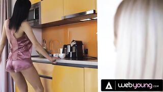 Petite Blonde Gets Aroused By Her Sexy Busty Roommate's Dance Skills