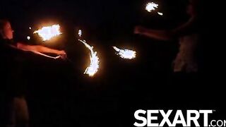 Gorgeous girls lick each other's pussy under the stars in Tahiti