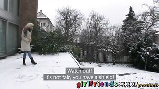 Girlfriends play in snow before warming up with hot lesbian sex