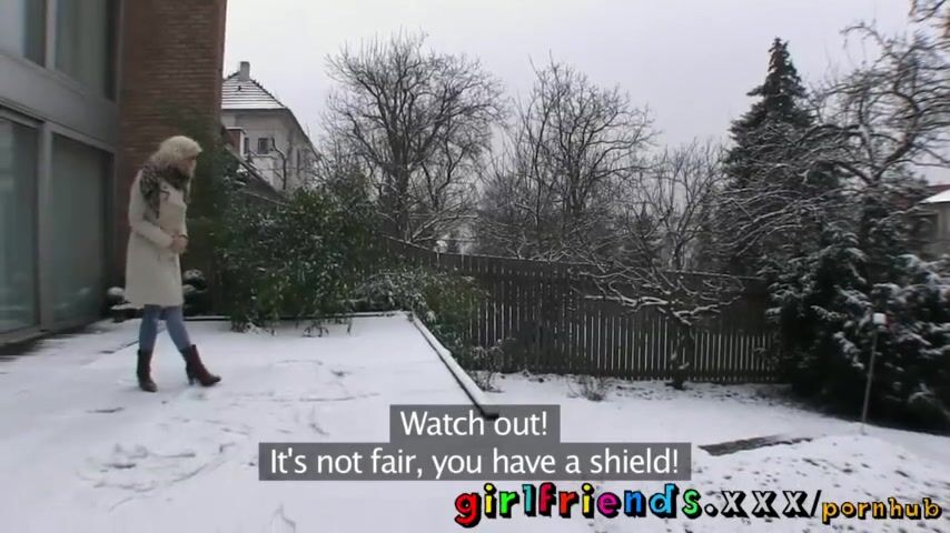 Girlfriends play in snow before warming up with hot lesbian sex