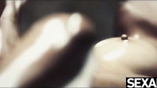 Black beauty and sexy blonde oil each other up for lesbian sex