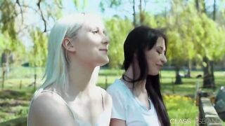 Teen lesbians kiss and lick pussy outdoors