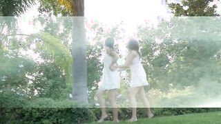 Two young & hot college lesbians outdoors running wild and love each other