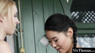 Sexy lesbian and asian lover finger each other out in the garden