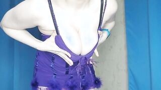 Blue-haired girl plays with her pussy and ass on a blue ottoman