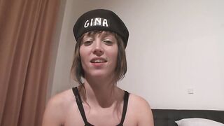 Gina rubs her pussy in bed while he jerks off in the closet during a steamy threeway.