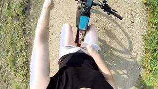 Naked and horny in public POV - Riding nude in nature, shaved body, masturbation until cumshot