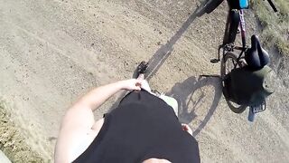 Naked and horny in public POV - Riding nude in nature, shaved body, masturbation until cumshot