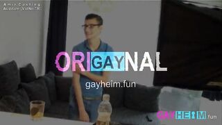 18-year-old slim hairless refugee at the German casting interview with small penis and white socks