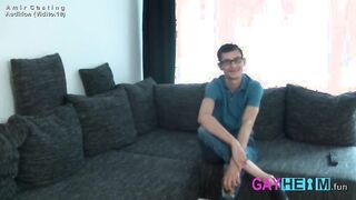 18-year-old slim hairless refugee at the German casting interview with small penis and white socks