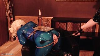Positive FemDom Lesbian Rope Bondage Process, MILF in latex rubber with gag