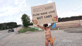 Tesla Protest! Kitty Blair nude in public w/ message for Elon! + Public Fuck! WOLF WAGNER