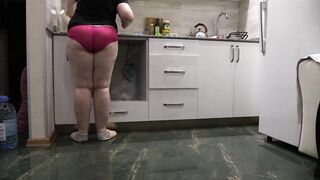 Curvy Housewife in Red Panties Cooks Up Some Fun in the Kitchen