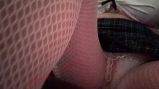 Sweet Lollipop Delight: Plaid Skirt and Fishnets Tease with Sensational Squirting Fun!