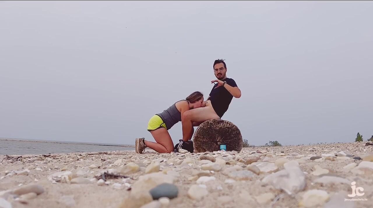 Beach blowjob: Hot MILF swallows beach cumshot like a champ!