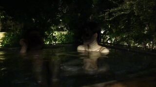 In open-air bath, I was horny on my student's pure white mochi skin and made her cum with a hand.