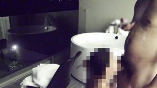 Asian couple having sex in an outdoor jacuzzi, someone is peeking.