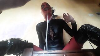 She wears leather body, boots over the knees and pantyhose. Rough blowjob and massive creampie