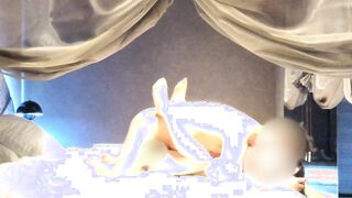 Ejaculation on her belly in sexy courtesan style cosplay.