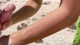 Exotic Beach Encounter: Mature Asian Beauty in Fishnet Dress Delights Her Partner