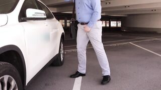 Office Man Doesn't Make It! Public Desperation, Wetting, Pissing and Cumming in the Parking Garage