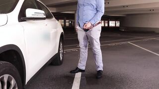 Office Man Doesn't Make It! Public Desperation, Wetting, Pissing and Cumming in the Parking Garage
