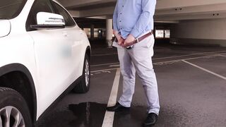 Office Man Doesn't Make It! Public Desperation, Wetting, Pissing and Cumming in the Parking Garage