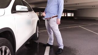 Office Man Doesn't Make It! Public Desperation, Wetting, Pissing and Cumming in the Parking Garage