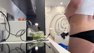 Alluring Blonde Wife in the Kitchen Teases in Shiny Black Pantyhose and Reveals a Surprise!