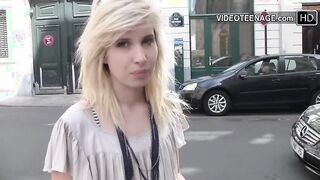 Watch this shy 18-year-old blonde teen strip down and play with her shaved pussy for the first time ever on camera!