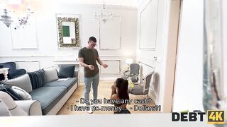 Petite tattooed brunette in stockings takes on debt with a tattooed debt collector