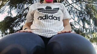 Italian mom squirts in public yoga pants garden, getting a wet and wild orgasm
