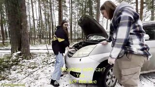Hot brown-haired teen gets a facial after roadside assistance & gets drilled in the car