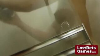 Petite lesbian couple strips down & fucks hard in hot shower game