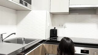 Sexy Blonde Petite Girl in Black Pantyhose Kitchen Pantyhose No Panties