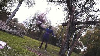Tattooed girl in ropes gets BDSM suspension & bondage fun in the great outdoors