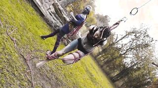 Tattooed girl in ropes gets BDSM suspension & bondage fun in the great outdoors