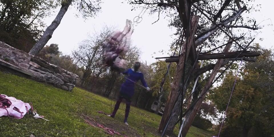 Tattooed girl in ropes gets BDSM suspension & bondage fun in the great outdoors