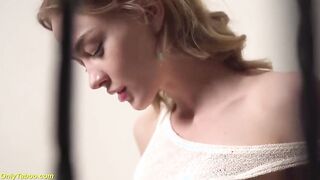 Watch this shy teen's big boobs bounce as she strips naked on the stairway