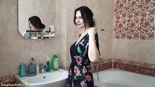 Sexycuckold mature with bushy bush gets soapy shower & cums hard