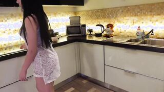 Sexy Brunette in a Sexy Short Skirt in Kitchen shows off her Big Ass and Pussy