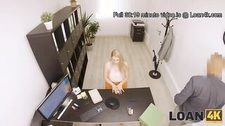 First time blonde debtor seduces loan officer with her sexy shaved pussy on table